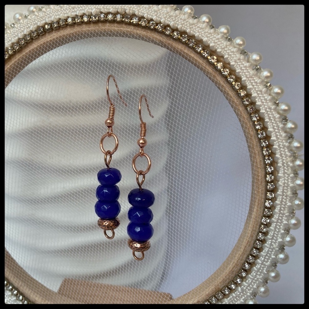 Artisan Copper and Navy Blue Jade Earrings - Picture 3 of 9